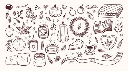 Cozy autumn drawings and outline graphic design elements, seasonal objects, vegetables, candles, warm clothes and other. Vector illustration set.