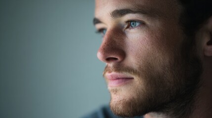 Obraz premium Young caucasian male with beard gazing intently in thoughtful profile portrait.