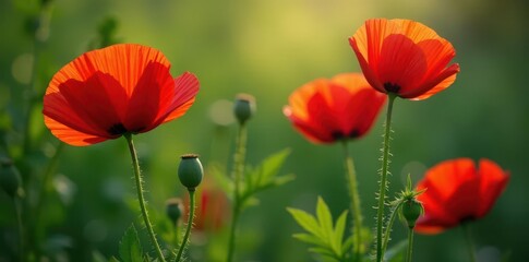 Naklejka premium Bold crimson poppies & lush green leaves on heavy cotton , bold, cotton fabric, vintage pattern