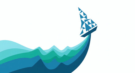 Naklejka premium Geometric Sailboat Navigating Abstract Waves - Journey and Progress Concept