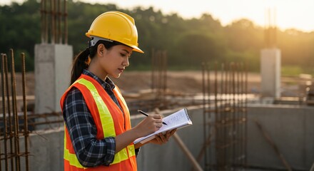 Engineer inspecting construction site taking notes