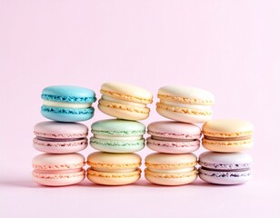 Fototapeta premium Colorful macarons stacked by hue on pastel background