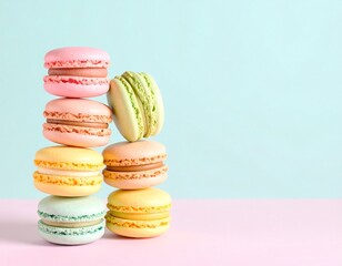 Colorful macarons stacked by hue on pastel background
