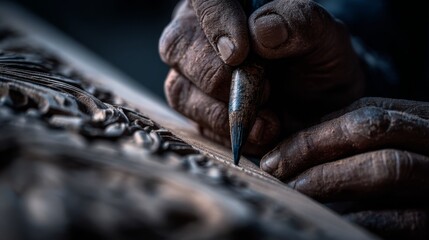 Craftsman's hands carving wood in workshop