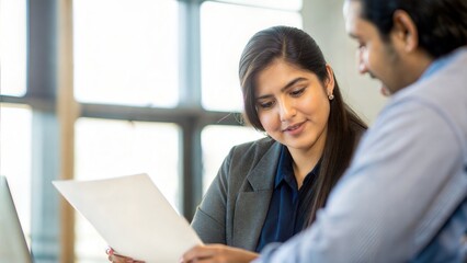 Confident female bank officer guiding customer through loan paperwork in office

