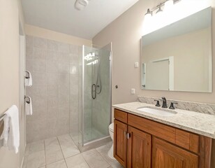 Modern beige bathroom with glass shower and granite counter