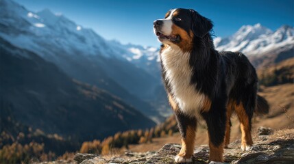 Bernese Mountain Dog Enjoying Landscape Mountain In Switzerland