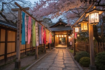 Obraz premium A traditional Japanese shrine during Tanabata, decorated with colorful paper strips on bamboo