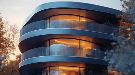 Curved apartment building at twilight