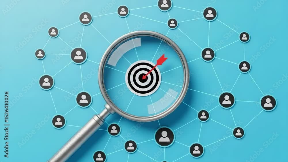 Poster Magnifying glass over target with arrow and connected people icons on a blue background view from above