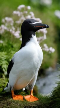 Razorbill bird perched on grassy bank near water, featuring black plumage, white underbelly, and orange feet in natural setting.