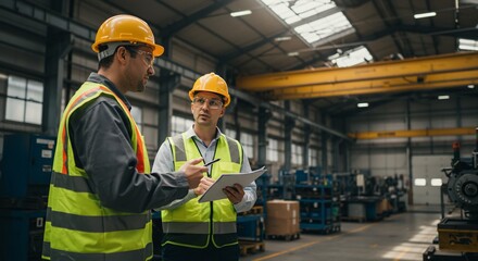 Factory workers confer over clipboard in plant
