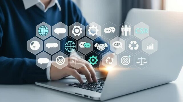 Person typing on laptop with csr and business icons overlayed on the screen showing social impact