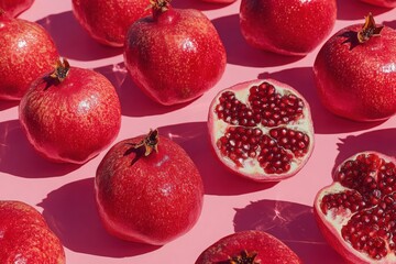 Fresh pomegranates arranged on a vibrant pink background, showcasing whole fruits and a halved pomegranate revealing juicy seeds, highlighting natural beauty and healthy eating