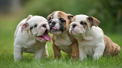 Fototapeta premium Three Adorable Bulldog Puppies Enjoying a Sunny Day