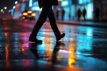 Fototapeta premium Person walking on rainy city street with colorful lights reflection at night.