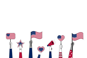 Illustration of diverse hands holding American flags, hearts, stars, and a megaphone in red, white, and blue. Patriotic celebration of Independence Day, democracy, and unity.