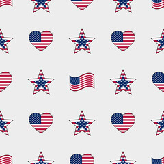 Seamless patriotic pattern featuring hearts, stars, and flags in classic red, white, and blue — perfect for celebrating Independence Day with American spirit!