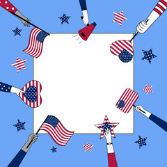 Colorful 4th of July border illustration with hands holding American flags, hearts, megaphones, and stars.