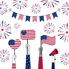 Diverse hands holding megaphones and American flags against a festive backdrop of garlands and fireworks in red, white, and blue. 