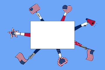 Festive American Independence Day illustration with diverse hands holding US flags, hearts, stars, and a megaphone around a rectangular frame.