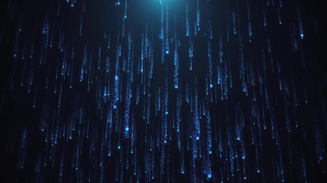 Matrix style futuristic background with cascading streams of glowing blue digital computer code. Cybersecurity and hacking concept. Full HD and looping cyber technology background.