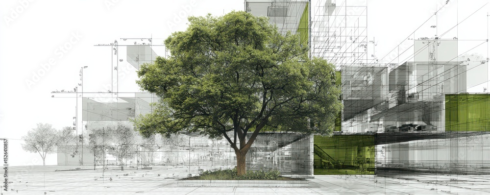 Aufkleber architectural design concept featuring a central tree amidst modern structures and abstract elements