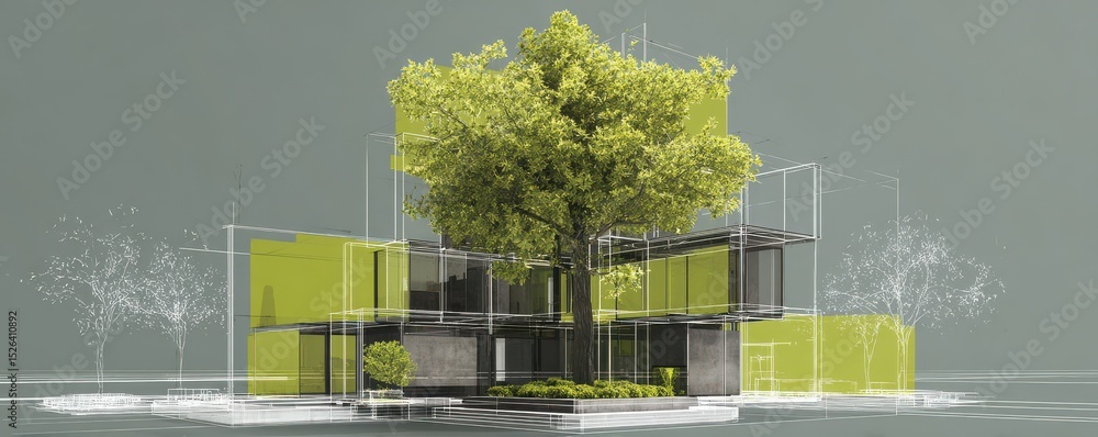 Aufkleber modern architectural design concept featuring green tree and abstract structure in urban environment