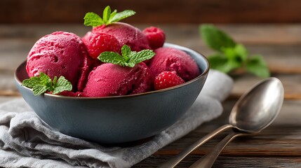 Bowl of Raspberry Ice Cream with Fresh Mint and Berries