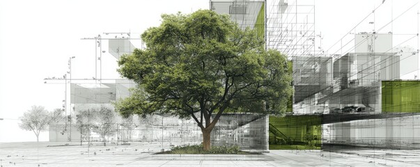Architectural Design Concept Featuring A Central Tree Amidst Modern Structures and Abstract Elements