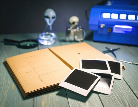 Unsolved Alien Case Files with Photos and Evidence on a Wooden Desk