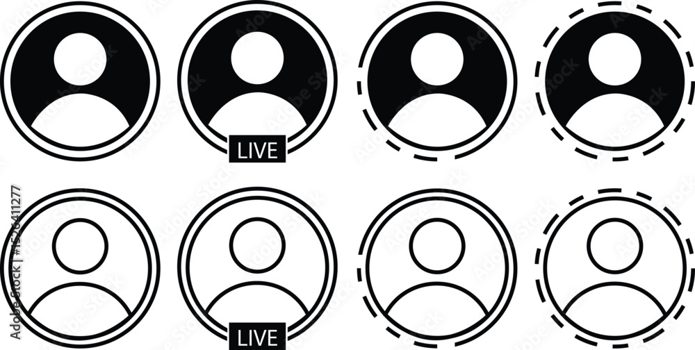 Poster set of story with user profile avatar icons buttons flat and line styles. live video streaming frame