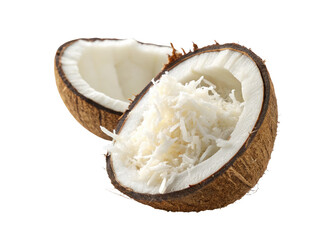 Fresh coconut half with shredded coconut inside isolated on a transparent background png