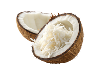 Fresh coconut half with shredded coconut inside isolated on a transparent background png