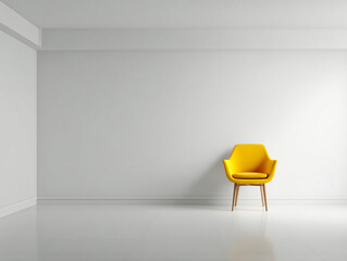 Single yellow chair in all-white room, symmetry and empty space concept