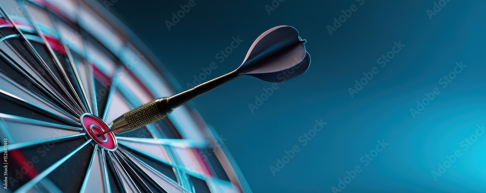 Poster dart in focus on a circular dartboard with bold colors and a dark background for precision and targe