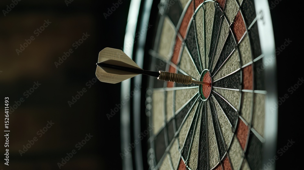 Poster precision targeting with dart on a dartboard captured in a dimly lit room for an engaging sports con