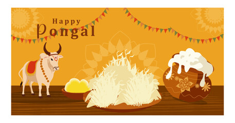 Festive Happy Pongal Illustration with Overflowing Pots and Sugarcane-02