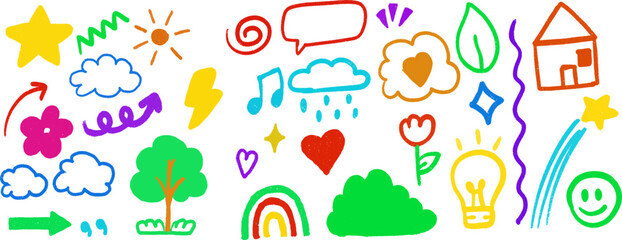 Fun and vibrant doodle icons of weather, nature, emotions, and positive symbols in a colorful hand-drawn style, perfect for kids projects, education, or creative content