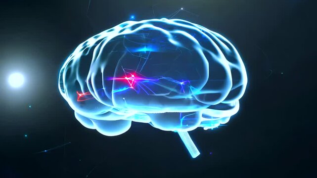 Digital brain glows with intense color while brain lines sparkle with data. Brain reveals synchronized impulses moving in waves across fluid networks of illuminated thought. Dynamic cognition visual 