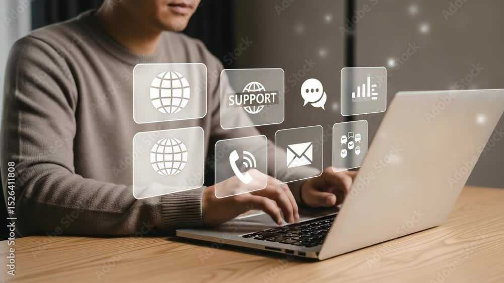 Poster person typing on a laptop with support and communication icons floating above the keyboard area show