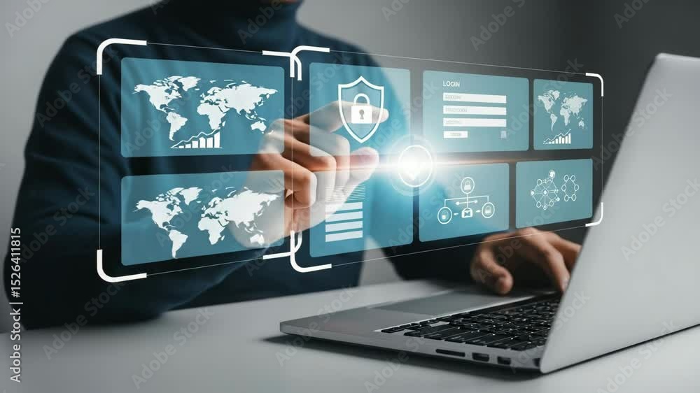 Poster person interacting with digital security interface on laptop screen with login and world map icons