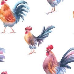 Country birds rooster in bright plumage soft watercolor seamless pattern isolated. Hand drawn poultry repeat background for farmhouse wallpaper, table linens, folk inspired product packaging, textile.