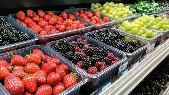 A Colorful Bounty of Berries: A vibrant display of fresh berries in a supermarket setting, the photo showcases a variety of fruits in an orderly fashion.
