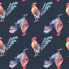 Roosters bright colors watercolor seamless pattern isolated on dark. Rustic cockerel drawing on repeat background for home linens farm style, rustic wedding stationery, and French farmhouse print.