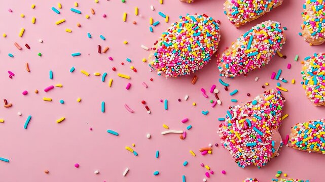 Colorful sprinkles on a pink surface with treats