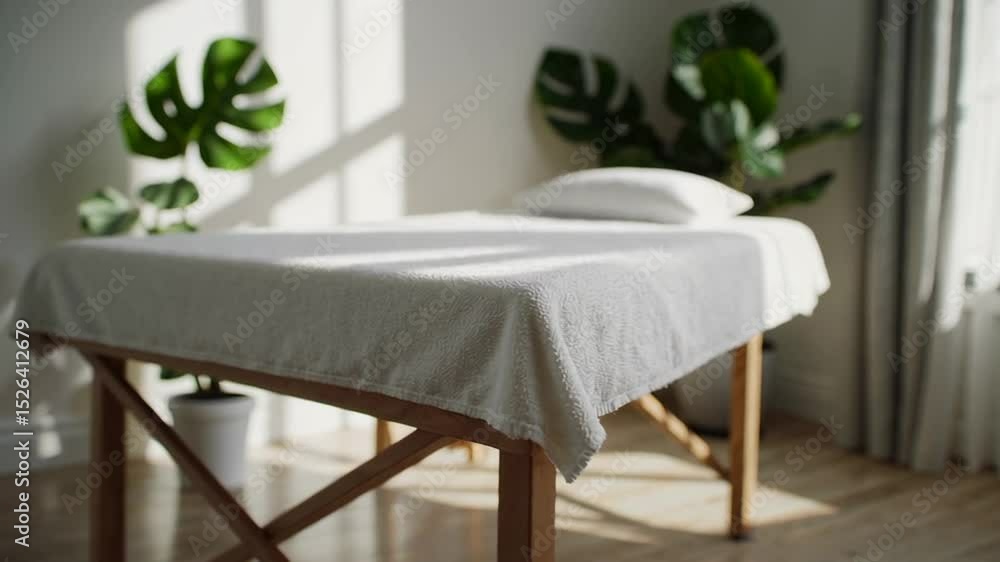 Poster Sunlight streams through a window, illuminating an empty massage table draped in white, a potted plant adding a touch of nature to the serene spa room
