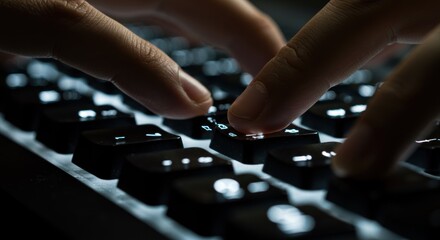 Fototapeta premium Hands typing on dark keyboard close up