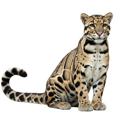 Fototapeta premium a clouded leopard sitting, smooth fur with cloud-like markings and long tail curled, fully visible in frame, isolated on a transparent background