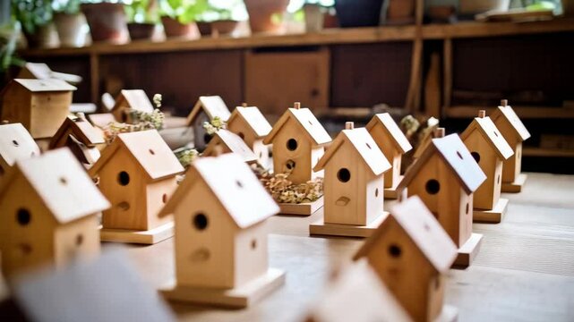 Rows of Unfinished Wooden Birdhouses Displayed on a Workbench in a Workshop